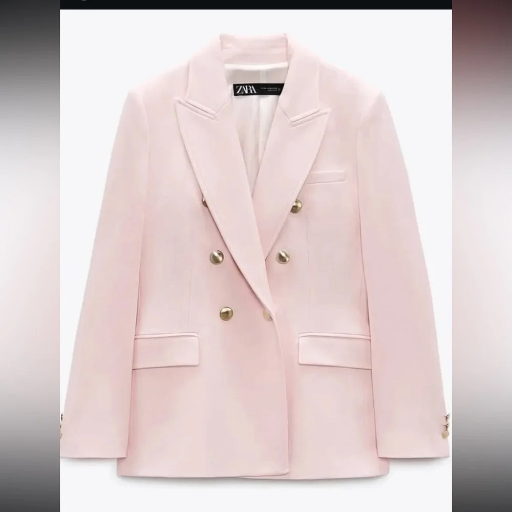 Zara Light Pink Double-Breasted Blazer Small Golden Buttons Tailored Chic - Picture 3 of 17